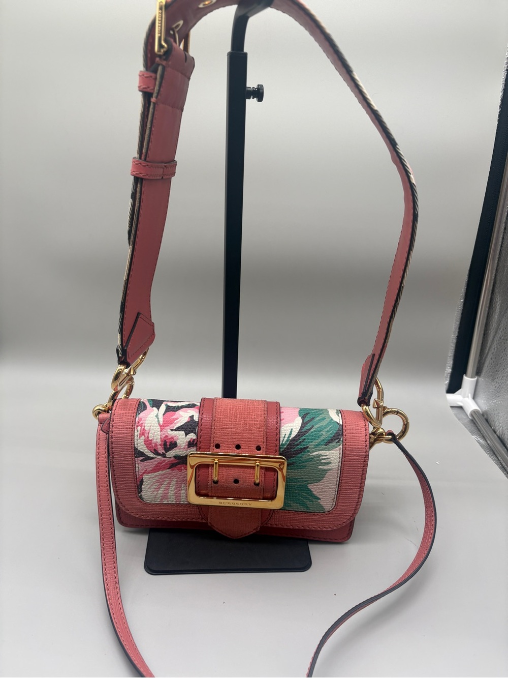 Burberry Floral Print Leather Crossbody Wallet On Chain Pink Gold Hardware